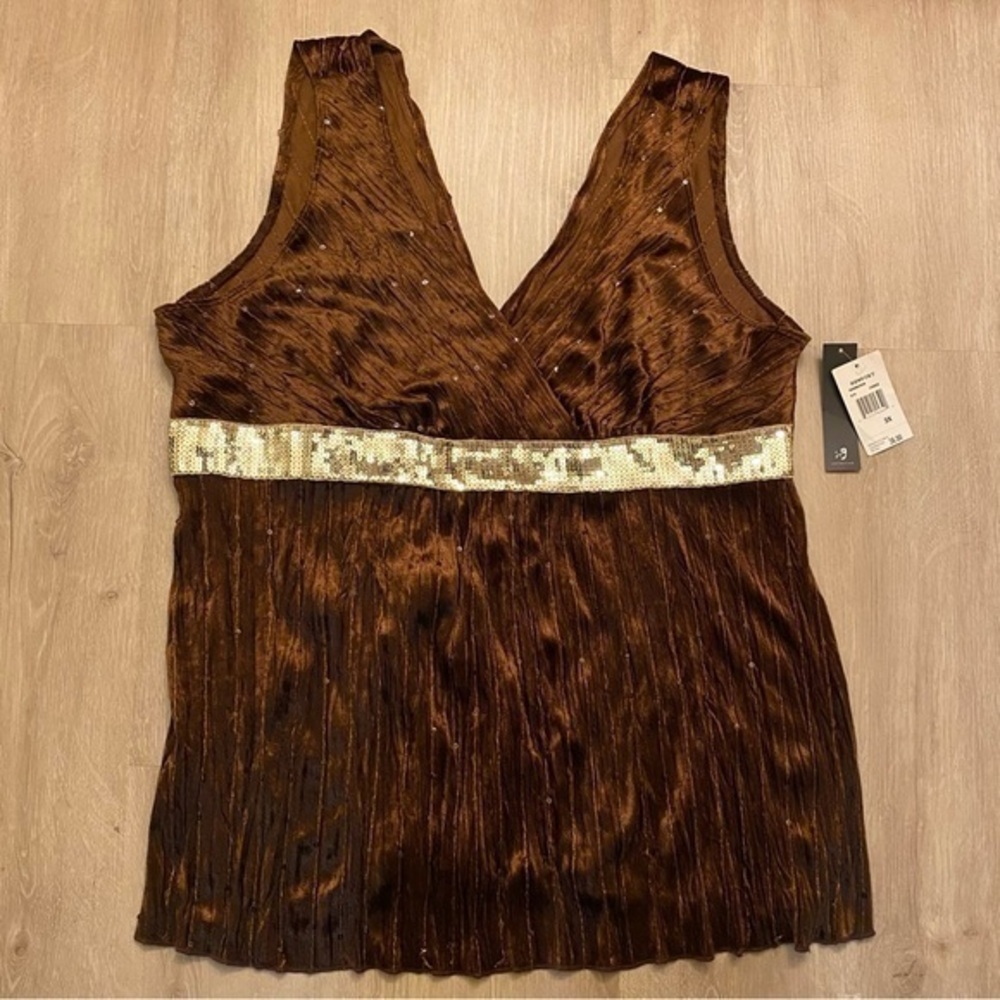 NWT Y2K Brown Crinkle Velvet Gold Sequin Tank Top Made in USA